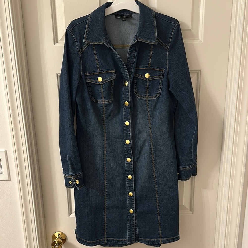 INC Denim Stretchy Snap-Up Dress with Gold Accents